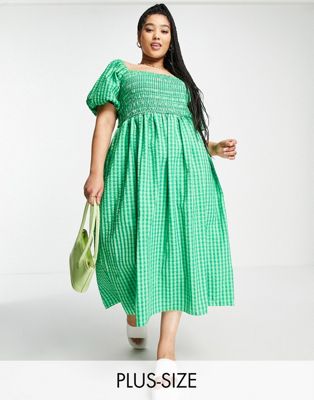 Never Fully Dressed Plus textured smock midi dress in green gingham