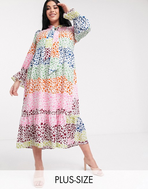 Never Fully Dressed Plus tie neck trapeze maxi dress in contrast spot print