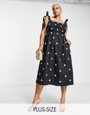 Never Fully Dressed Plus Tie Shoulder Daisy Embroidered Maxi Dress In Black 