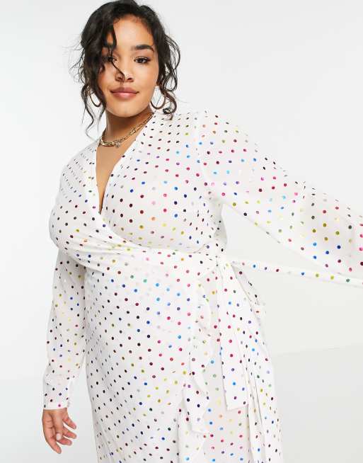 Never Fully Dressed Plus Tie Wrap Midi Dress In White Metallic Rainbow Spot Asos