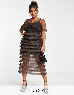 Never Fully Dressed Plus tiered ruffle midaxi dress in leopard print-Brown