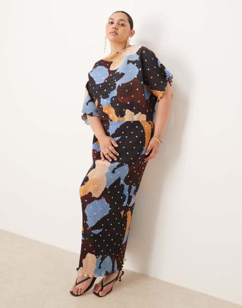 Never Fully Dressed Plus Tilly asymmetric gold foil plisse maxi dress in chocolate