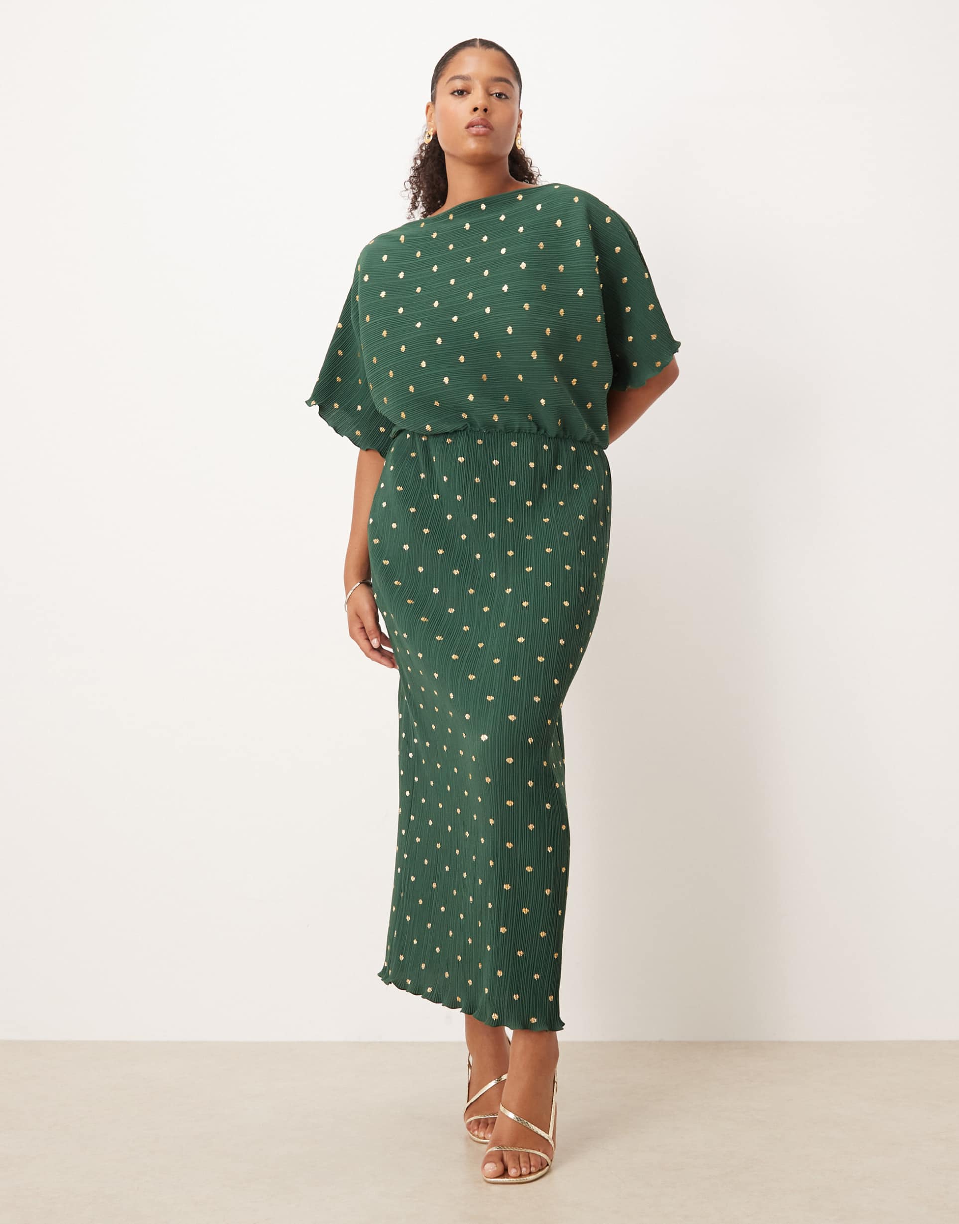 never fully dressed plus tilly metallic plisse off shoulder maxi dress in bottle green