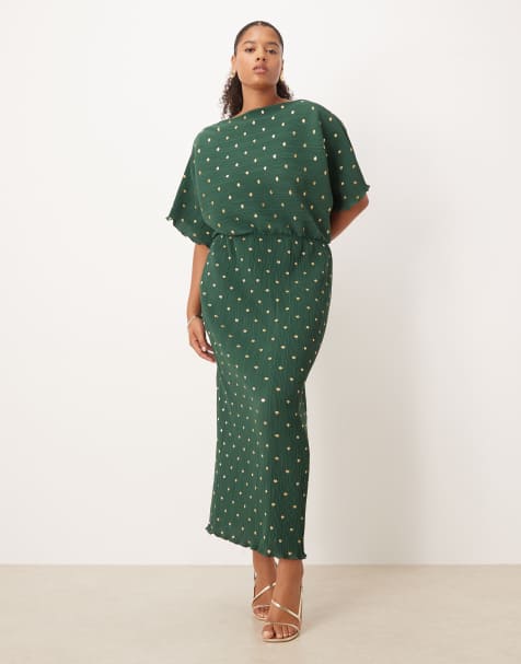 Never Fully Dressed Plus Tilly metallic plisse off shoulder maxi dress in bottle green