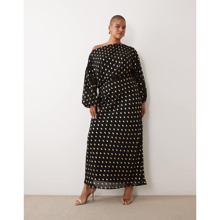 Never Fully Dressed Plus Tilly off shoulder draped maxi dress in black polka dot