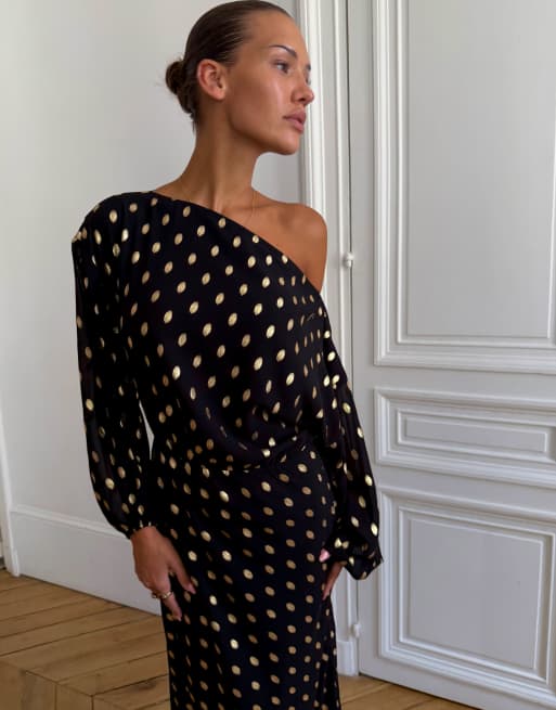 Never Fully Dressed Plus Tilly off shoulder draped midi dress in black polka dot, 2 of 4