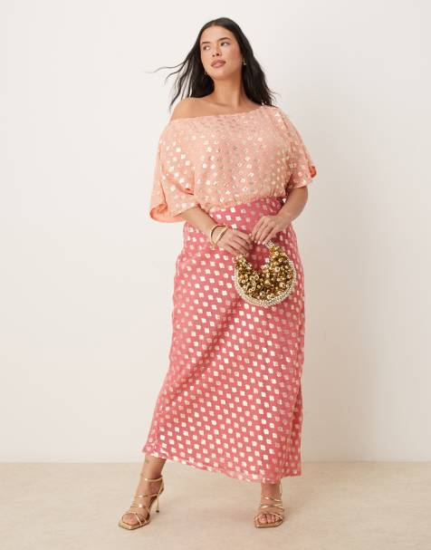 Never Fully Dressed Plus Tilly off shoulder metallic maxi dress in contrast pink