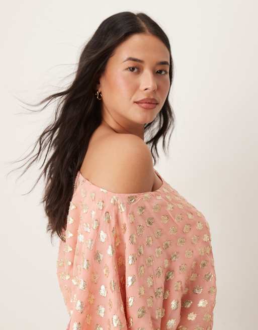 Never Fully Dressed Plus Tilly off shoulder metallic maxi dress in contrast pink, 4 of 4