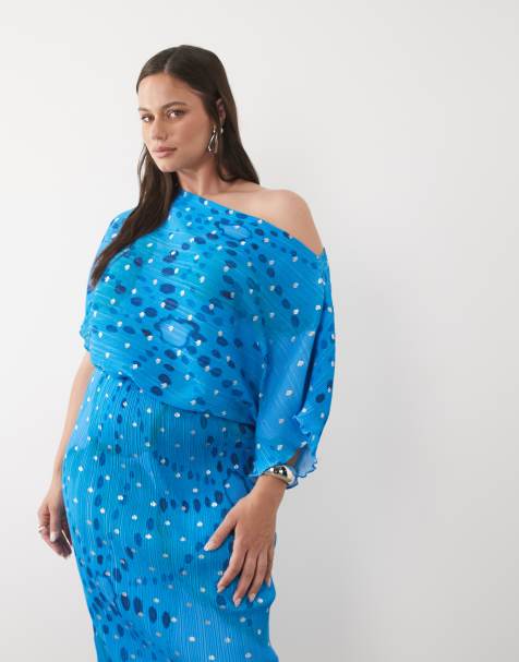 Never Fully Dressed Plus Tilly off shoulder plisse maxi dress in blue shell print - view 1