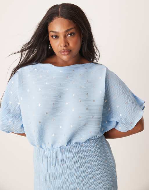 Never Fully Dressed Plus Tilly off shoulder plisse maxi dress in blue, 2 of 4