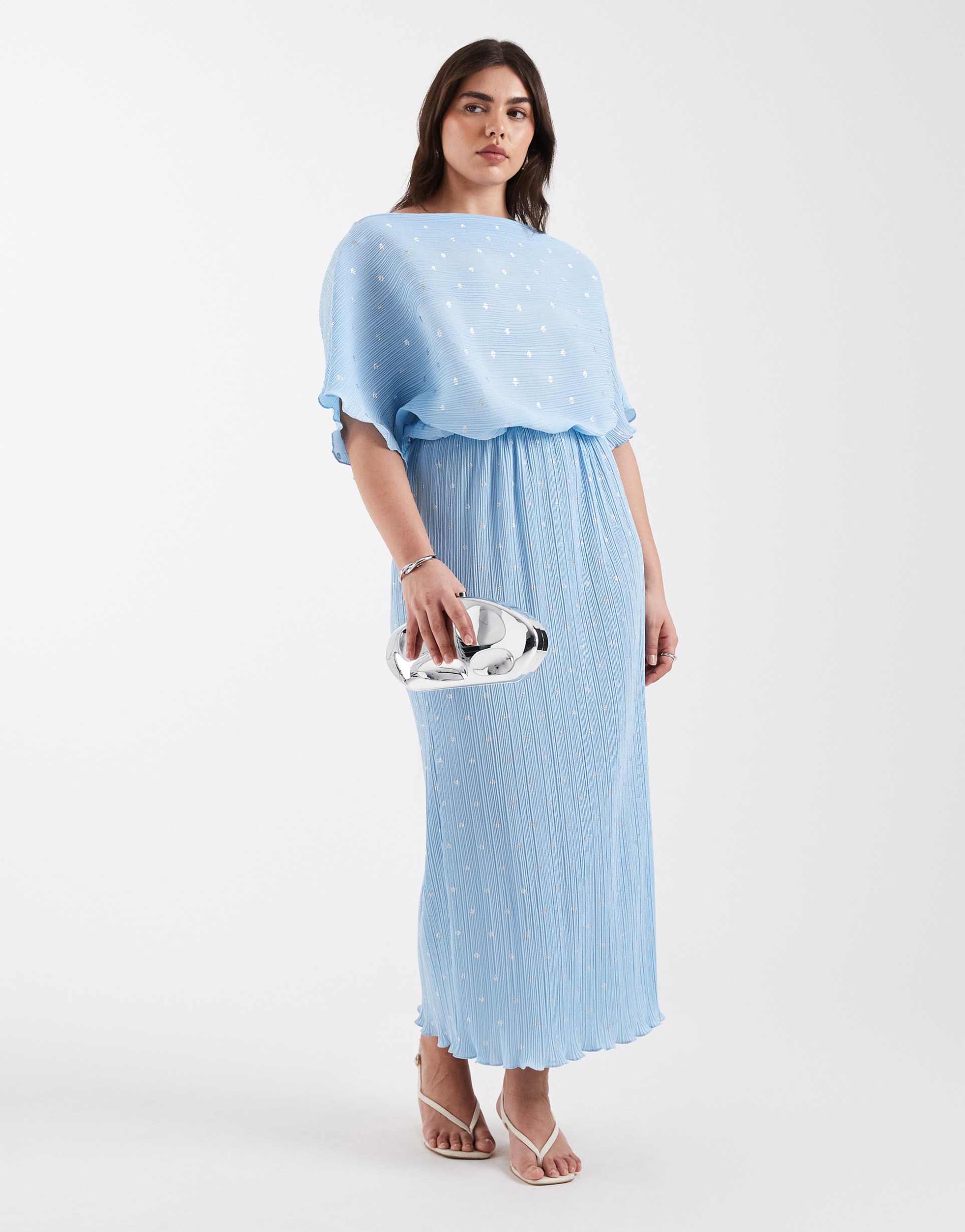 never fully dressed plus tilly off shoulder plisse midaxi dress in blue