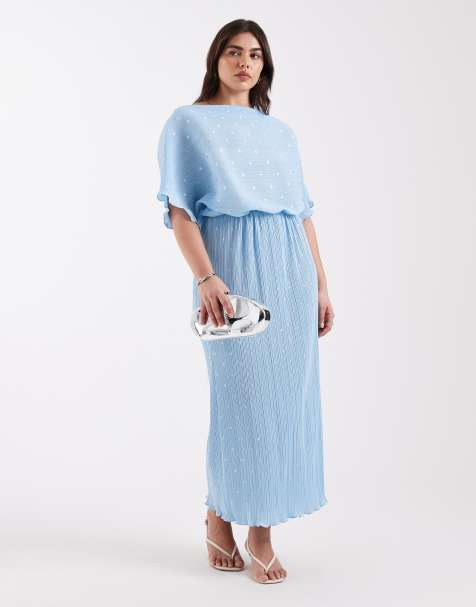 Never Fully Dressed Plus Tilly off shoulder plisse maxi dress in blue