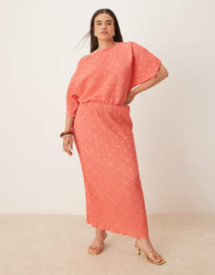 Never Fully Dressed Plus Tilly off shoulder plisse midaxi dress in coral and gold - view 1