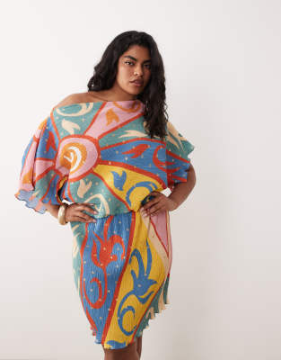 Never Fully Dressed Plus Tilly Off Shoulder Plisse Mini Dress In Multi