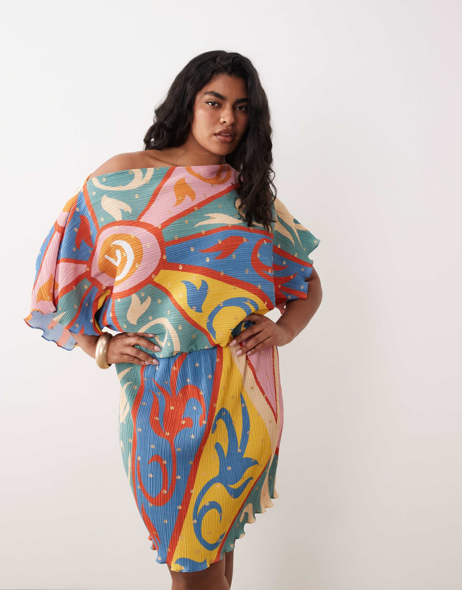 never fully dressed plus tilly off shoulder plisse mini dress in kaleidoscope print
