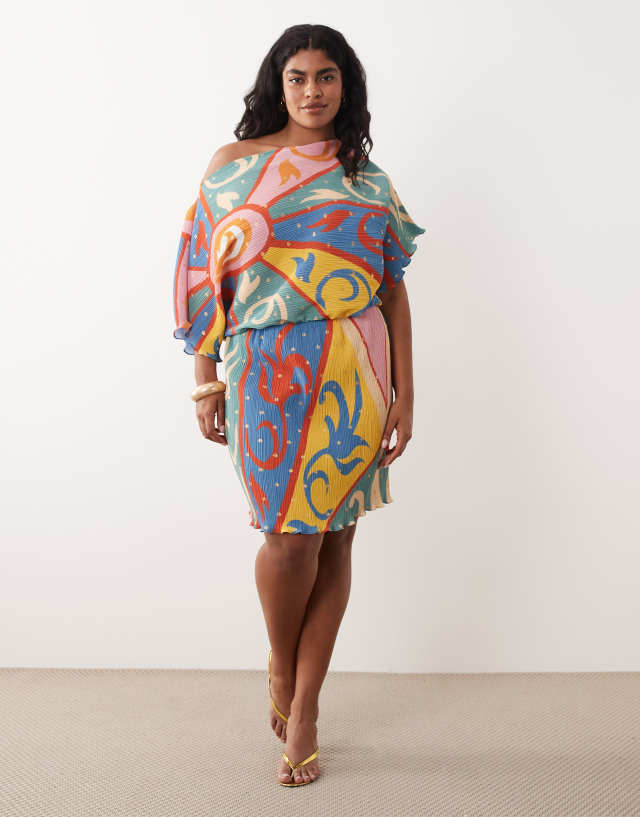 Never Fully Dressed Plus Tilly off shoulder plisse mini dress in