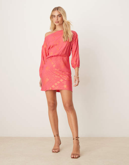Never Fully Dressed Plus Tilly off shoulder plisse mini dress in pink and red, 2 of 4