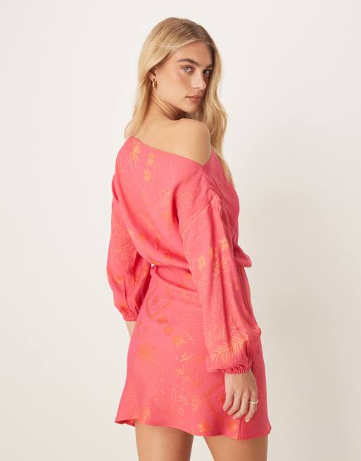 Never Fully Dressed Plus Tilly off shoulder plisse mini dress in pink and red, 4 of 4