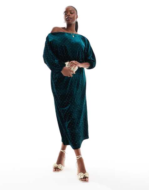 Never Fully Dressed Plus Tilly off shoulder velvet midaxi dress in emerald - view 1