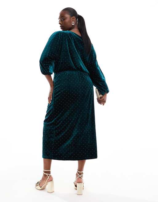 Never Fully Dressed Plus Tilly Off Shoulder Velvet Midaxi Dress in emerald Green
