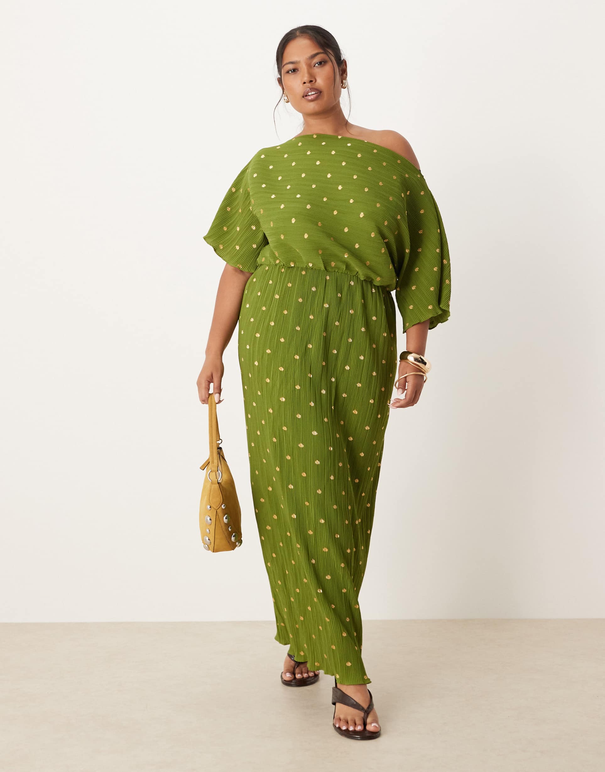never fully dressed plus tilly off the shoulder plissé midaxi dress in green