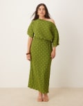 [Never Fully Dressed Plus] Never Fully Dressed Plus Tilly plisse off-shoulder midaxi dress in olive-Green XL Olive/Gold