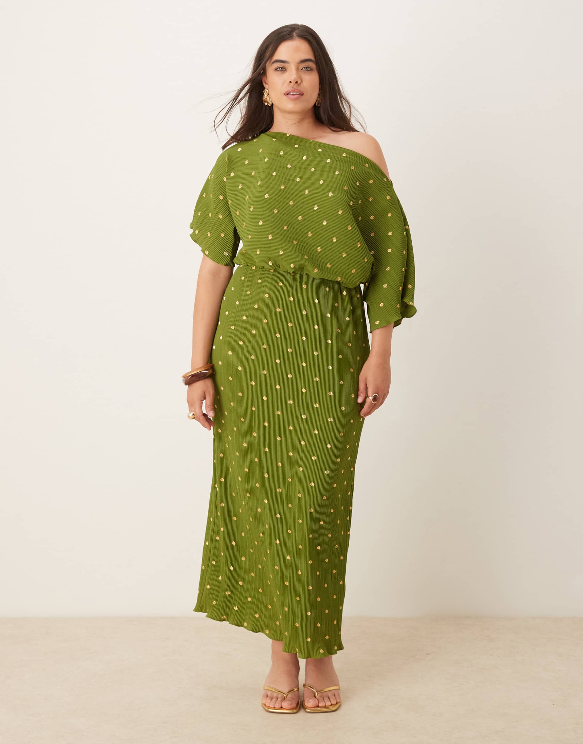never fully dressed plus tilly plisse off the shoulder midaxi dress in olive