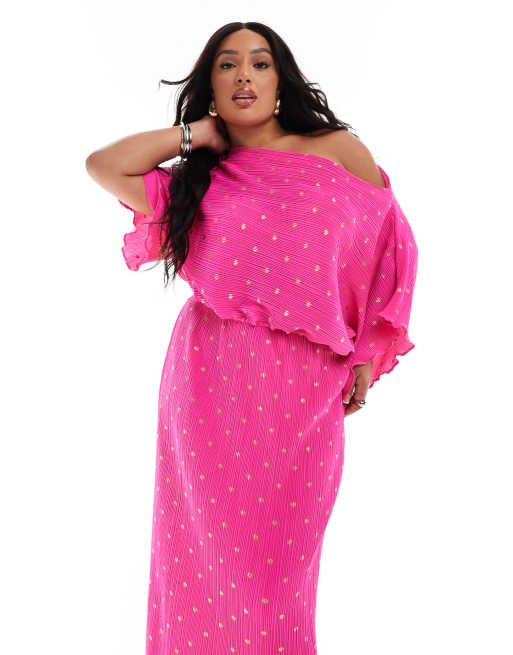 Never Fully Dressed Plus – Tilly – Różowa, plisowana sukienka maxi w złoty, nakrapiany wzór