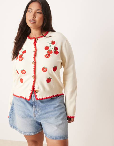 Never Fully Dressed Plus tomato knit cardigan in cream - view 1