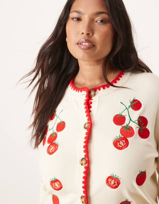 Never Fully Dressed Plus tomato knit cardigan in cream | ASOS