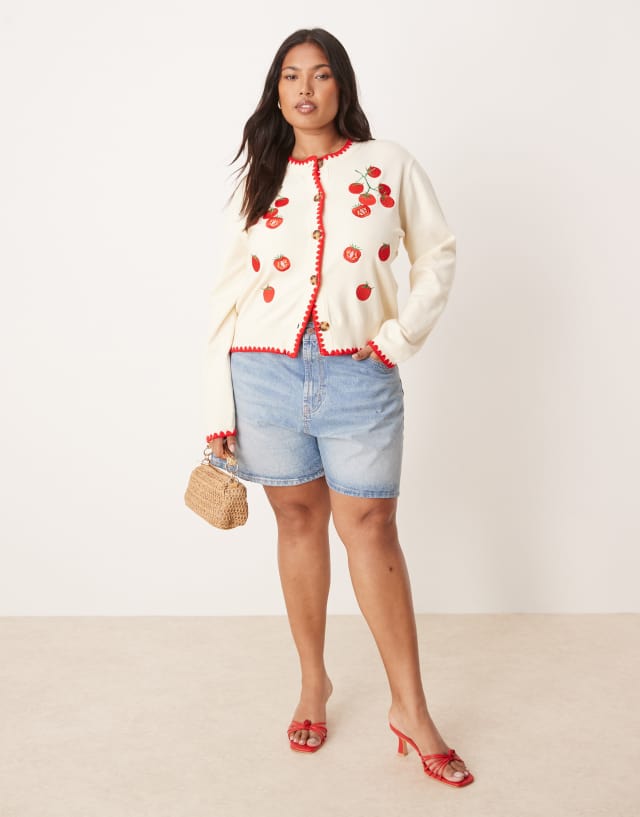 Never Fully Dressed Plus tomato knit cardigan in cream | ASOS