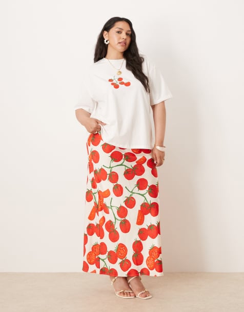 Never Fully Dressed Plus tomato print satin maxi skirt co-ord in cream - view 1