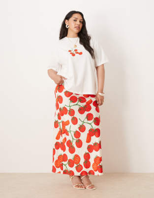 tomato print satin maxi skirt in cream - part of a set-White