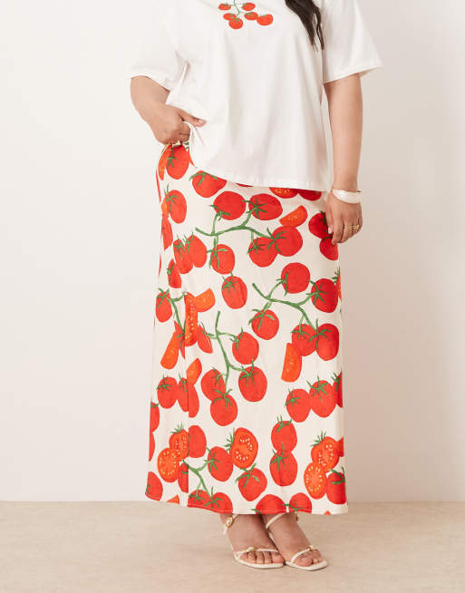 Never Fully Dressed Plus tomato print satin maxi skirt in cream