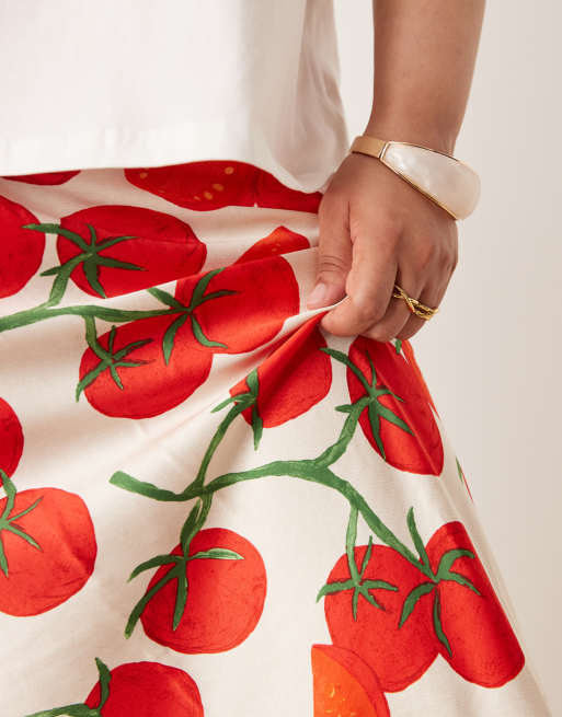 Never Fully Dressed Plus tomato print satin maxi skirt in cream