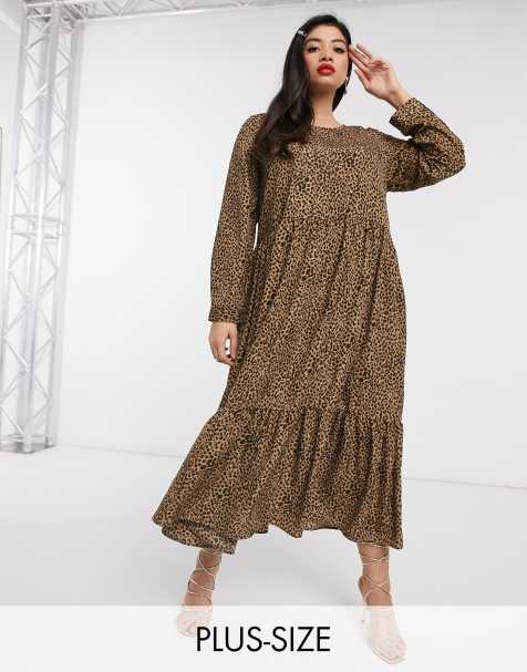 Never Fully Dressed Plus – Trapezförmiges Maxikleid mit Rüschensaum und Leopardenmuster