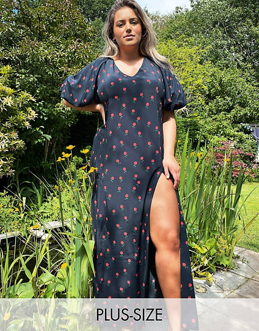  Never Fully Dressed Plus Valentina puff sleeve maxi dress with high thigh split in black floral print 