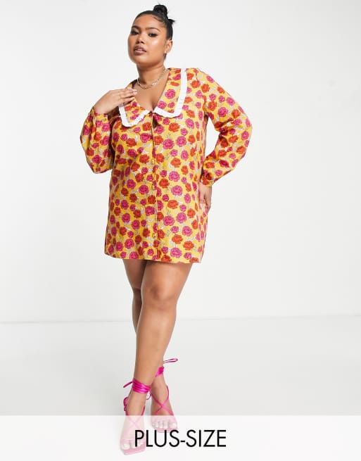 Never Fully Dressed Plus - Vestito corto giallo a fiori con colletto oversize