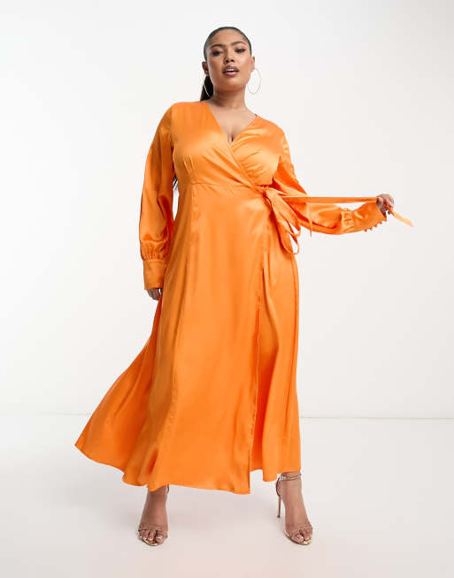 Never Fully Dressed Plus - Vestito in raso arancione acceso con gonna al polpaccio a portafoglio