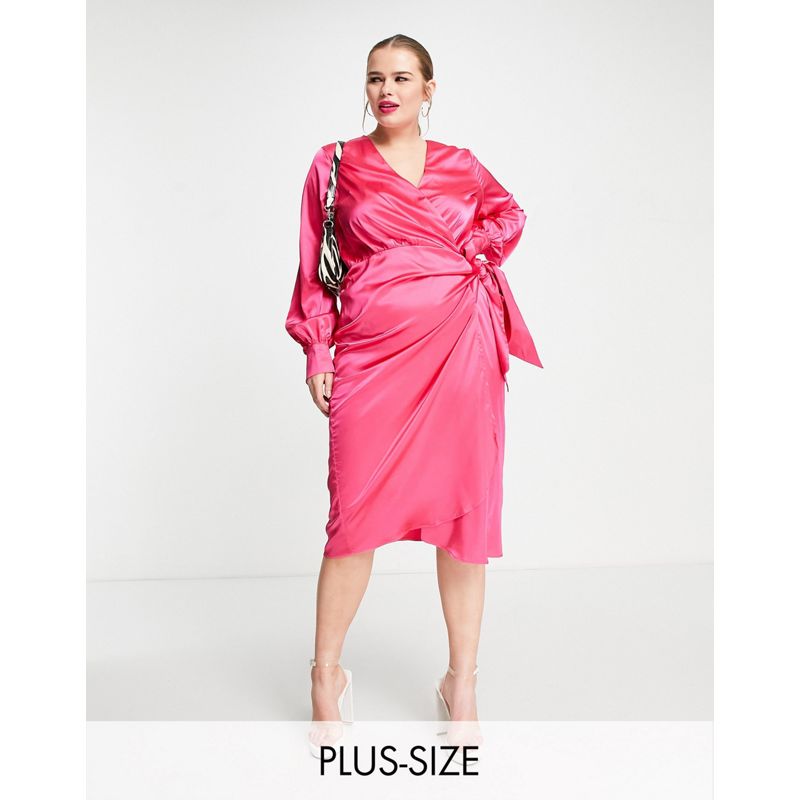 Vestiti 7m21s Never Fully Dressed Plus - Vestito midi avvolgente in raso rosa fucsia
