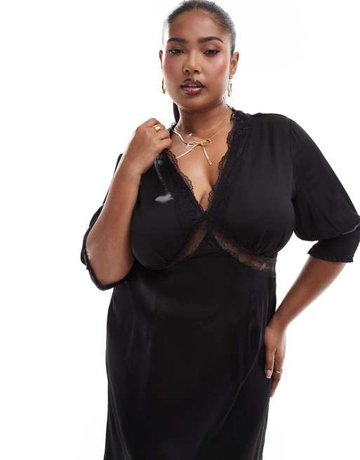 Never Fully Dressed Plus - Vestito nero con gonna al polpaccio, dettaglio in pizzo e maniche a sbuffo
