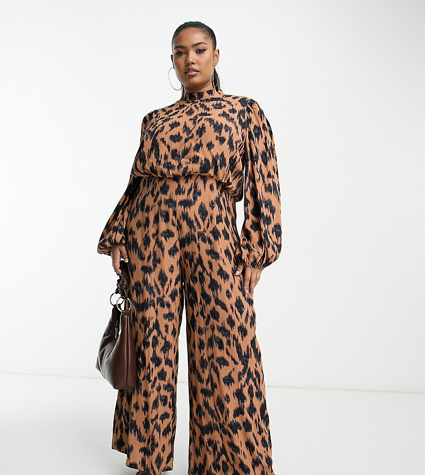 Never Fully Dressed Plus wide leg jumpsuit in leopard print-Multi