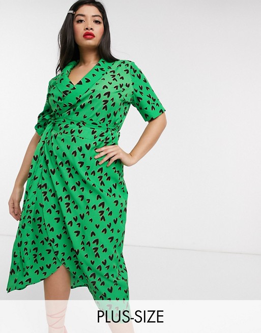 Never Fully Dressed Plus wrap front maxi dress with high thigh split in green heart print