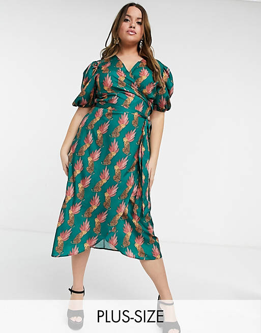 Never Fully Dressed Plus wrap front midi dress with belt in green leopard leaf print