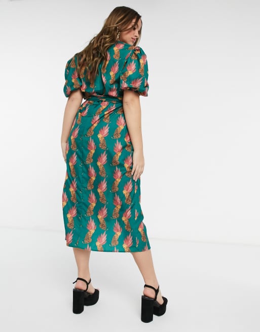 Never Fully Dressed Plus wrap front midi dress with belt in green leopard leaf print