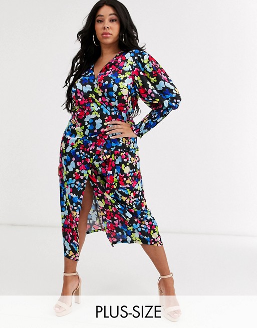 Never Fully Dressed Plus wrap front tie front blouse in neon floral print