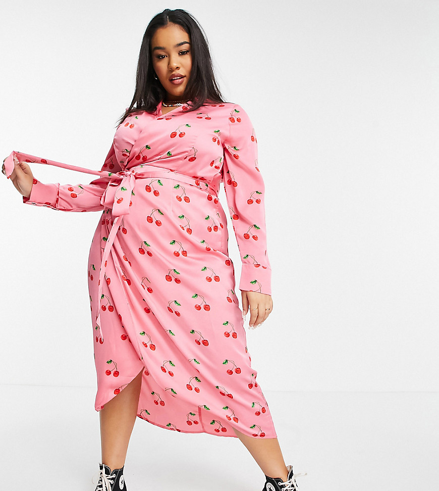 Never Fully Dressed Plus wrap midi dress in pink cherry print
