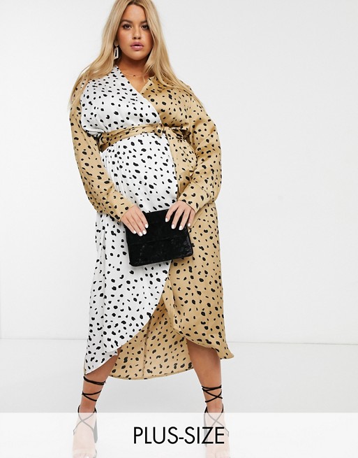Never Fully Dressed Plus wrap midi dress with belt in contrast leopard