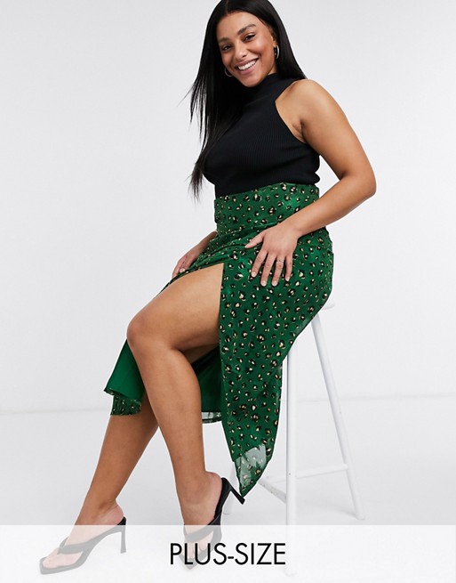 Never Fully Dressed Plus wrap midi skirt co-ord in green leopard print