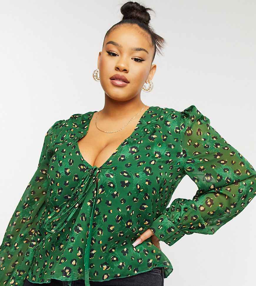 Never Fully Dressed Plus wrap volume sleeve top set in green leopard print